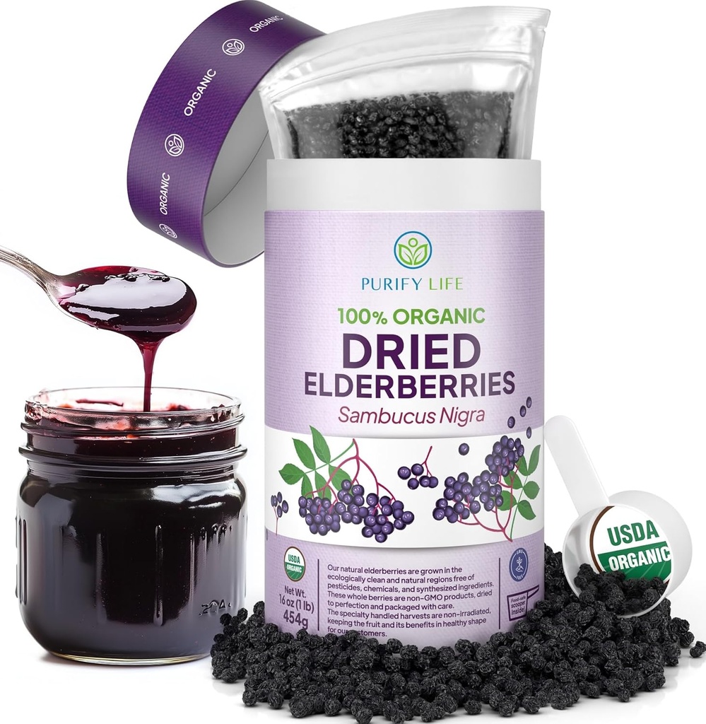 USDA Organic Dried Elderberries 1lb Bulk (Safest Packaging, Resealable Bag, BPA-Free Scoop) Natürlich, nicht bestrahlt, Raw Whole Black Elderberry, Immununterstützung, Make Sambucus Elderberry Syrup, 1 Pound