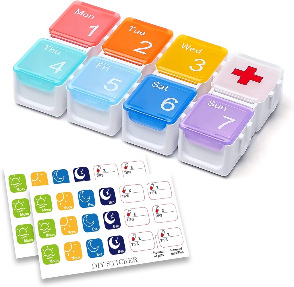Organisateur de médicaments, Bricolage de voyage hebdomadaire Pill Cas Organisateur, Daily Pill Box/Container 7 Day, Distributeur de pilules/Conteneur pour la vitamine/huile de poisson (1 fois par jour, Rainbow)