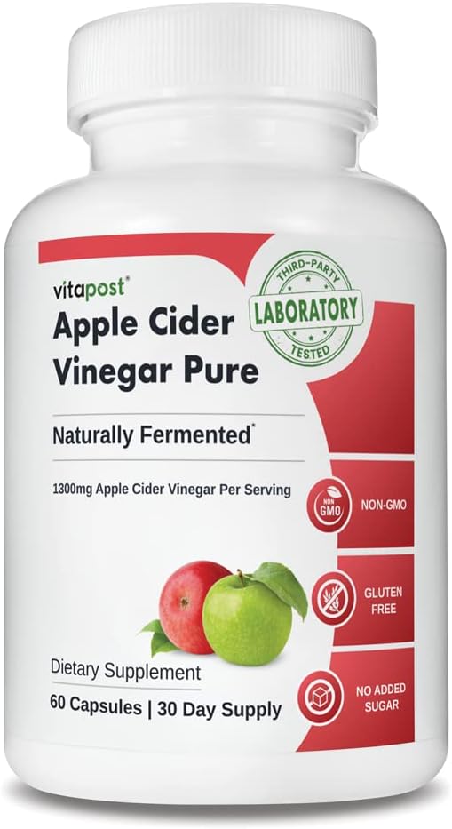 Pure Capsules de vinaigre de cidre de pomme avec concentré de vinaigre de cidre de pomme naturellement fermenté 1300mg. Pas de goût dur. 60 Capsules