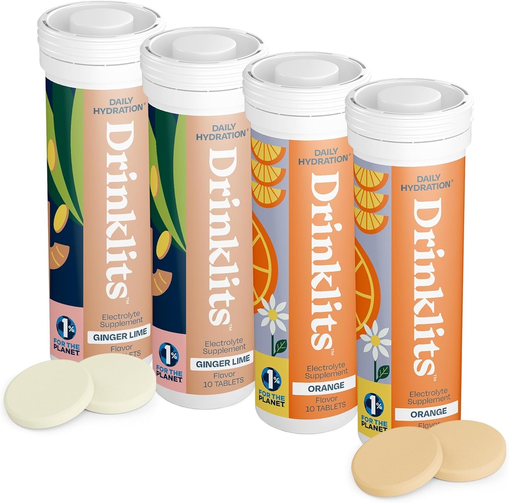 Bevande Ginger-Lime & Orange Electrolyte Tablets (4) Bundle Tube | Confezione Combo di idratazione giornaliera | Deliziosi aromi naturali - 0g Zucchero | 40 Serve - 10 compresse per tubo