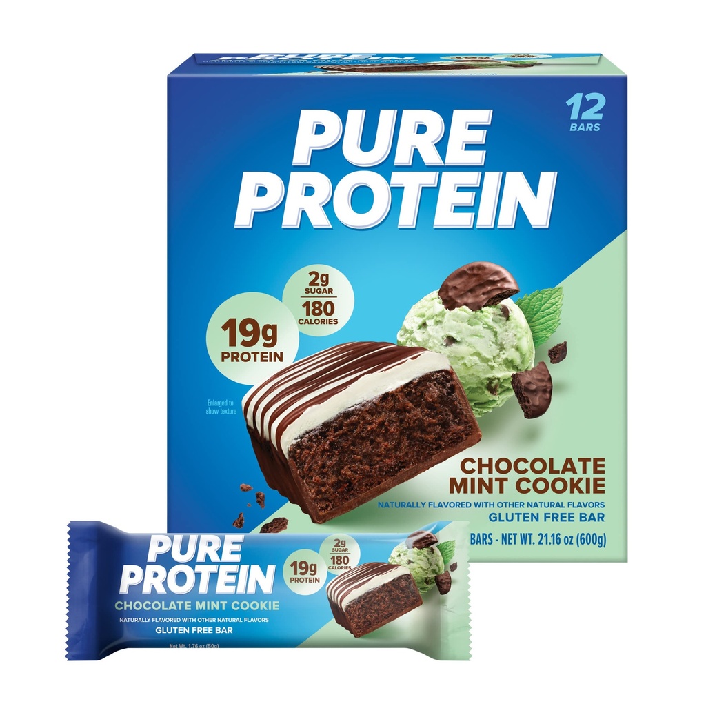 Barres de protéines pures, haute protéine, collations nutritives pour soutenir l'énergie, faible sucre, sans gluten, biscuits à la menthe de chocolat, 1,76oz, 12 Compte (emballage mai Vary)