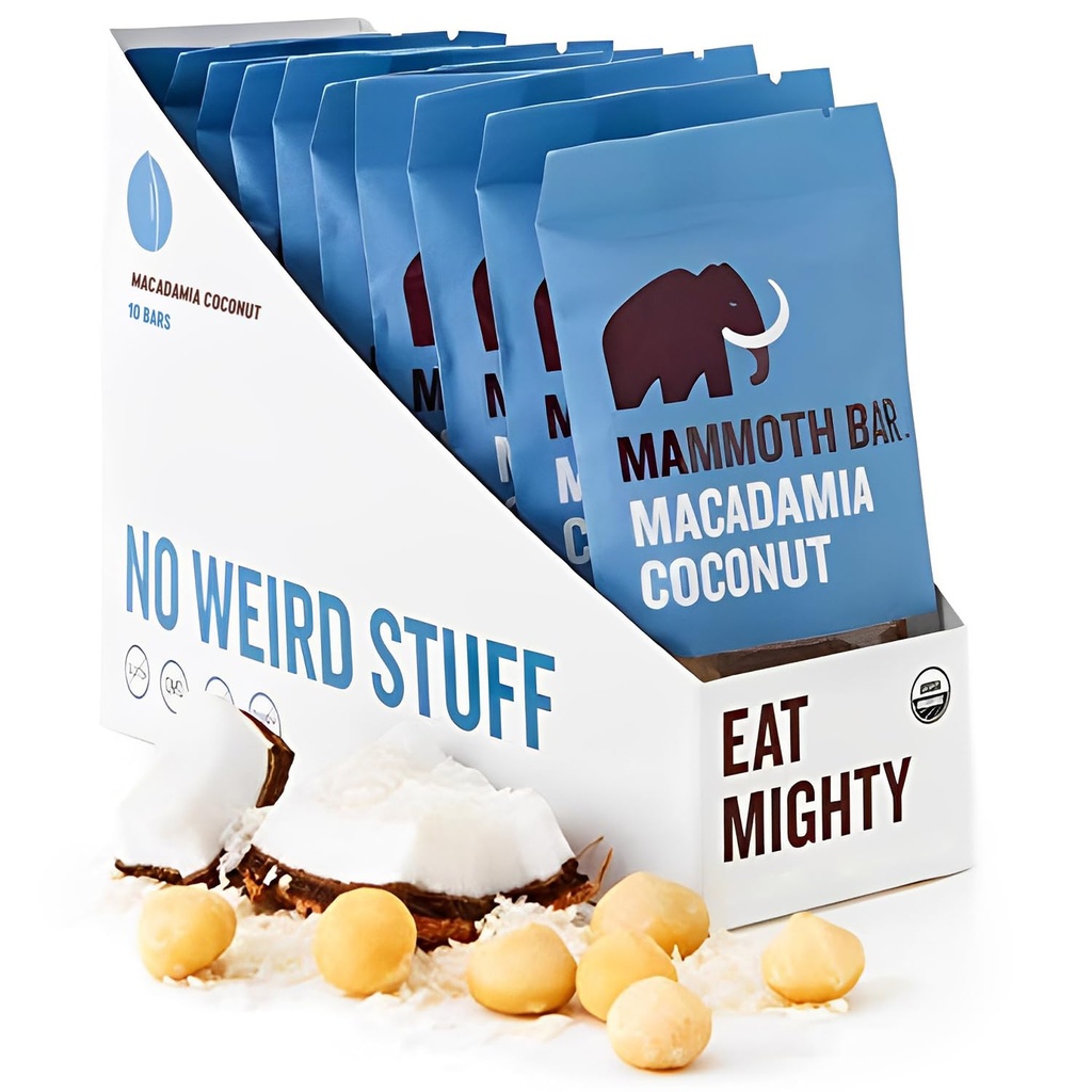 Barre de noix de coco Macadamia - 10 barres de protéines organiques – haute fibre • Paléo • Sans gluten • Protéine d'oeuf • Sans OGM • Raw • Noix premium • Prébiotique
