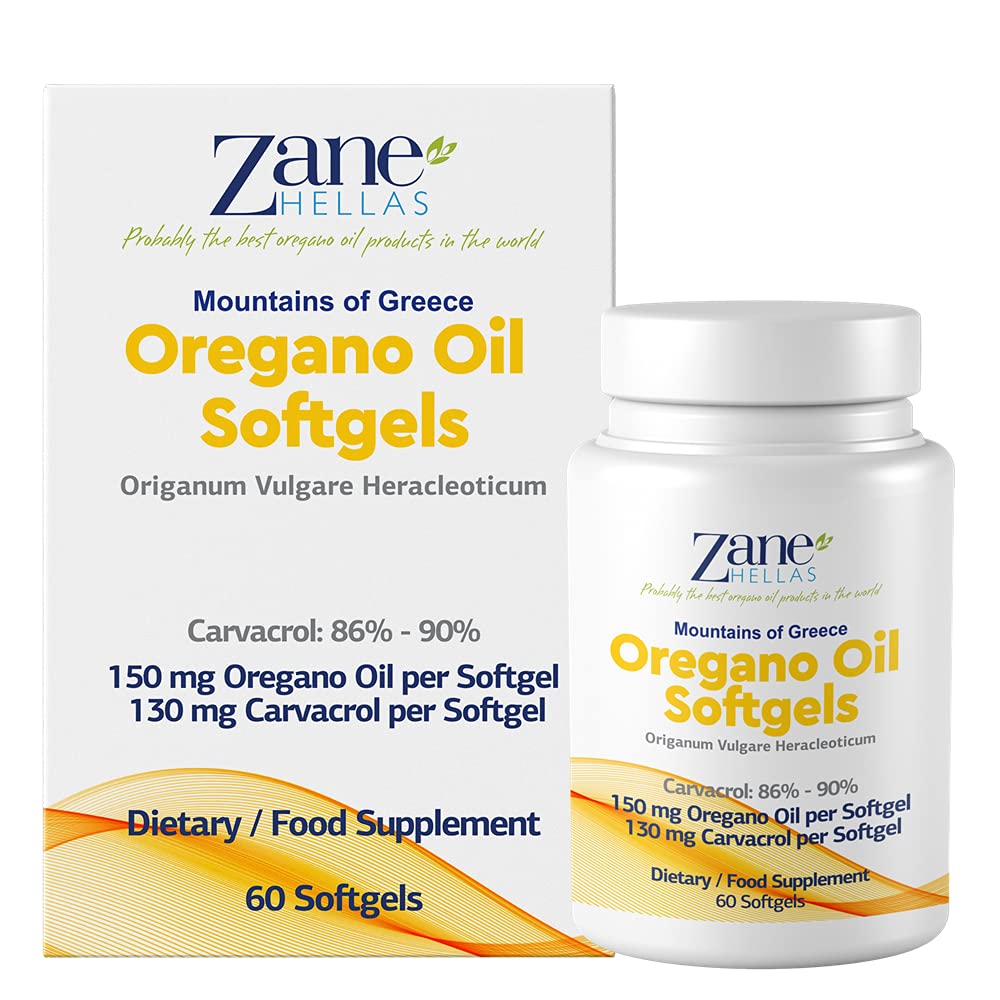 130 mg Carvacrol - 150 mg Oregano Öl pro Softgel. Welt Höchste Konzentration Oregano Öl Kapsel. Zane Hellas Oregano Öl. Softgel enthält 30% Griechisches ätherisches Öl von Oregano. 60 Softgels.