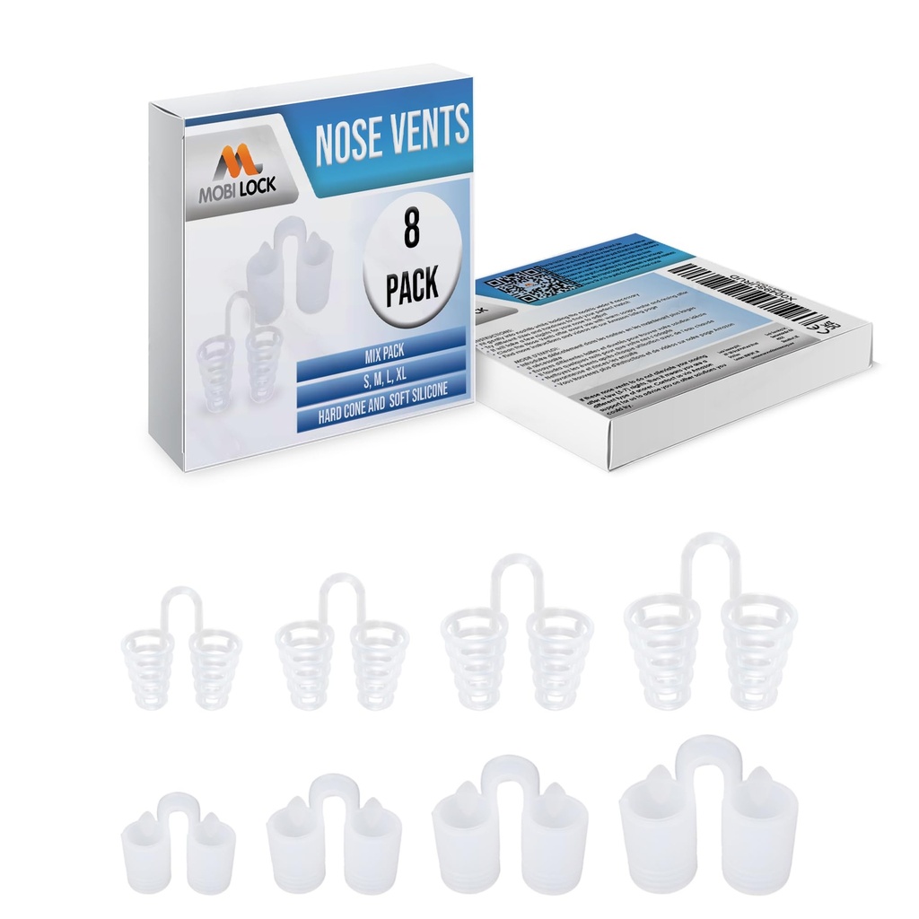 Dilateur de soulagement du sinus d'évent de nez (paquet de 8 tailles diverses) - Une solution simple pour les snorers nasaux - Dispositif de ronflement réutilisable pour profiter d'une nuit paisible - par Mobi Lock
