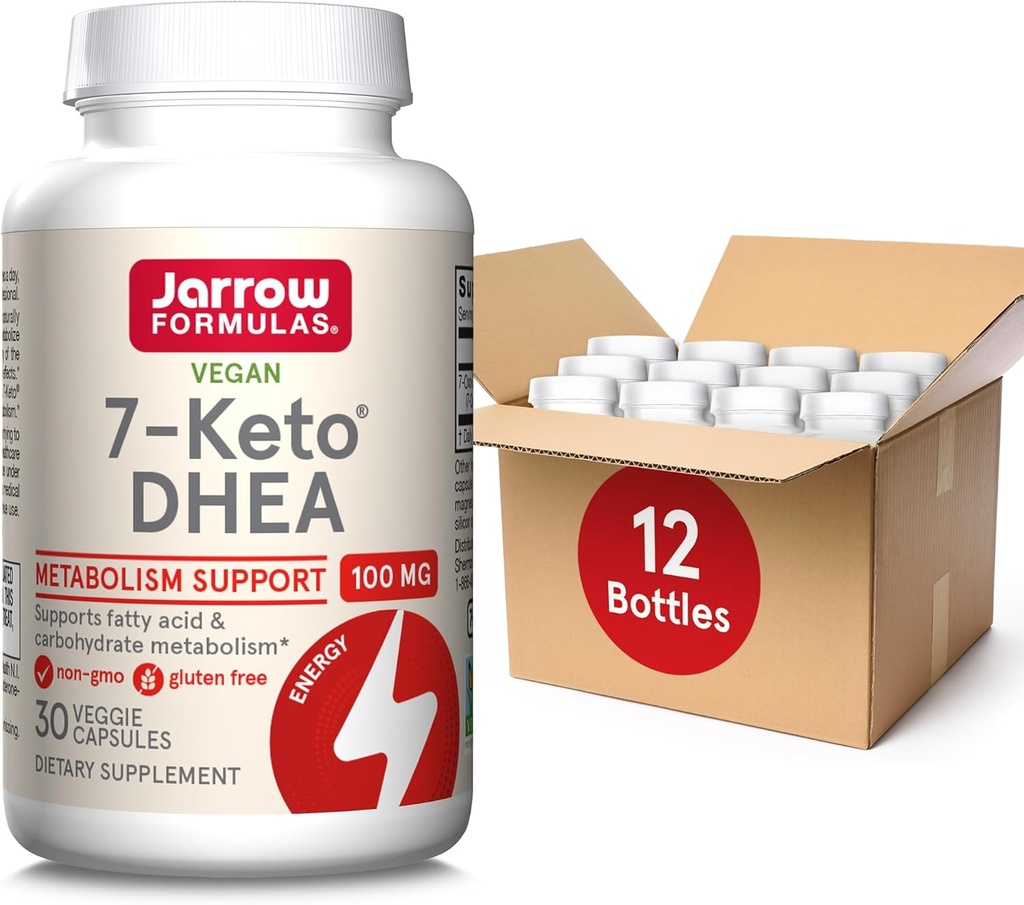 Jarrow Formeln 7-Keto DHEA 100 mg, Nahrungsergänzungsmittel für Fettsäure und Kohlenhydrat-Metabolismus-Unterstützung, 30 Veggie Kapseln, 15-30 Tage Versorgung, Packung von 12
