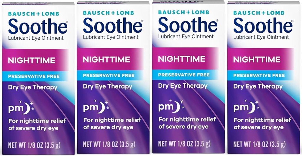 Soothe Eye Ointment von Bausch & Lomb, Lubricant Relief für trockene Augen, Feuchtigkeitsspendende und komfortable Nacht trockene Augentherapie, Geeignet für empfindliche Augen, Konservierungsmittelfrei, 3.5 g - 4 Pack