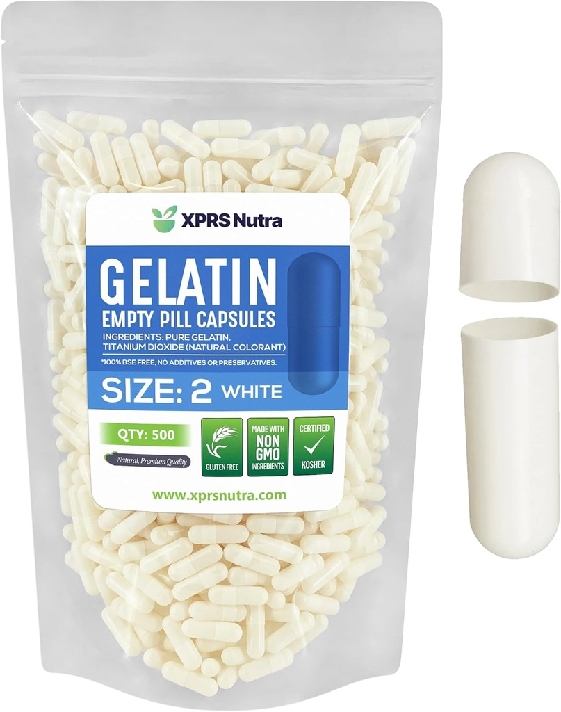 XPRS Nutra Size 2 Capsule Vuote - 500 Conta capsule Gelatine Vuote - Pillole Riempimento Capsule fai da te - Pure Bovine Pill Gel Caps per Do-It-Yourself Supplements (White)