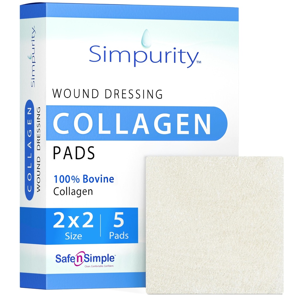 Collagen Dressing Pads - 2" x 2" 5 Count Collagen Pads für Wunden - Nicht-Adherent Collagen Dressing für Wund Care - Safe n' Simple Wound Care Supplies