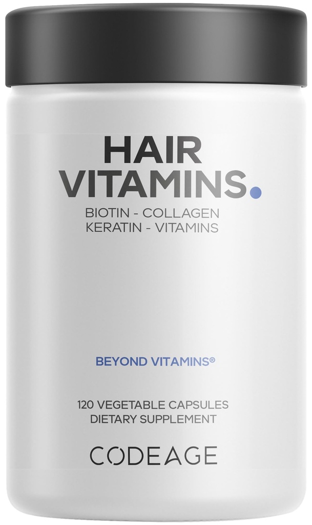 Codeage Vitamines capillaires 10000 mcg Biotine, kératine, collagène, vitamine A, B12, C, D3, E, zinc, curcuma, probiotiques, enzymes, Inositol - Soins capillaires - Pills de compléments capillaires sains - 120 Capsules