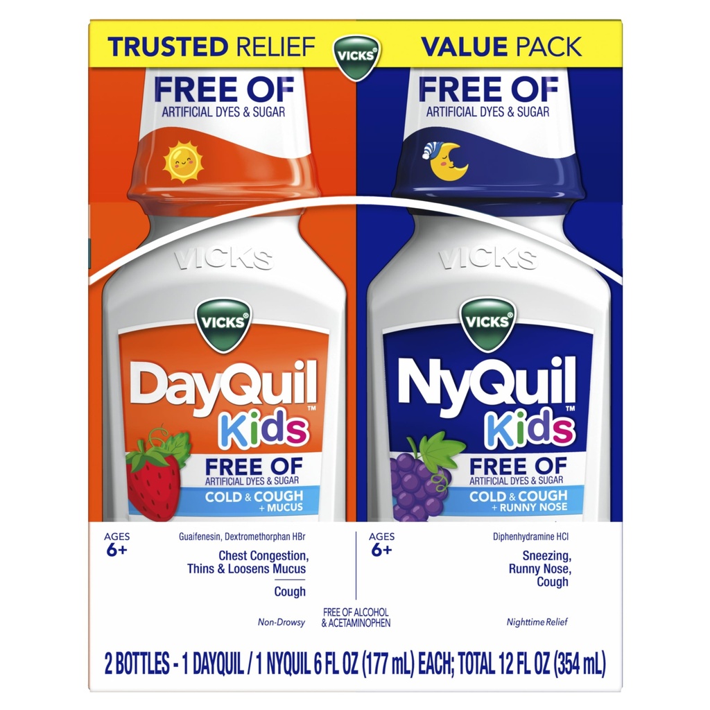 Vicks Kids DayQuil & NyQuil Cold & Cough Relief Liquid Co-Pack, Libero di Artificial Dyes & Sugar, Multi-Symptom Relief of Cough, Sneezing, Runny Nose, Mucus e Chest Congestion, per età 6+, 2x6oz