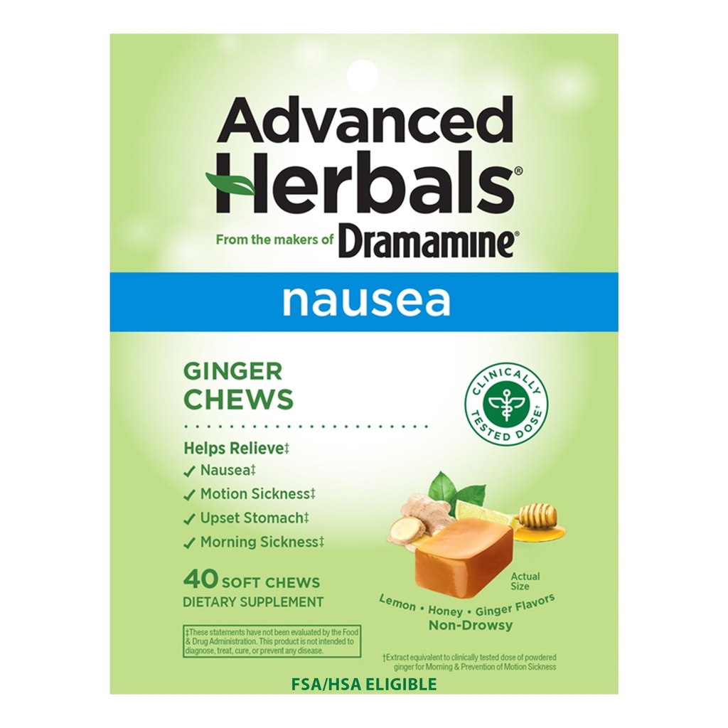 von The Makers of Dramamine, Advanced Herbals, Ginger Chews, Nausea Relief Soft Chews Lemon-Honey-Ginger, 40 Count