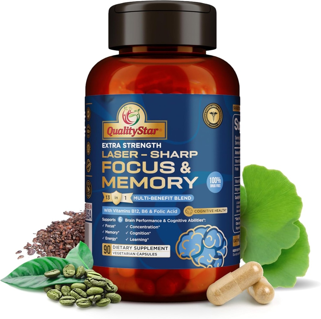 Vitamines focales et mémoire, mélange multi-avantages 13-en1 pour la santé cognitive et cérébrale, supplément mémoire pour cerveau, 90 capsules végétariennes