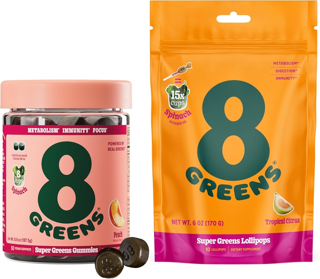 8Greens Daily Greens Gummies and Lollipops, Energy & Immune Support,Gluten-Free, Vegan, Non-GMO, Nessun colore artificiale &amp; aromi