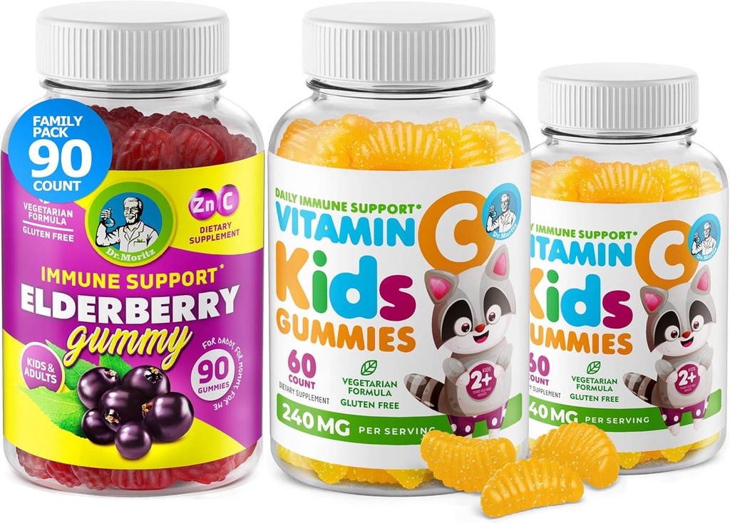 DR. MORITZ Vitamin C Gummies and Elderberry Gummies for Kids and Adults - Immune Support Low-Sugar Chewable Gummy Vitamins for Toddlers - Vegetarian Gelatin-Free Children's Dietary Supplement