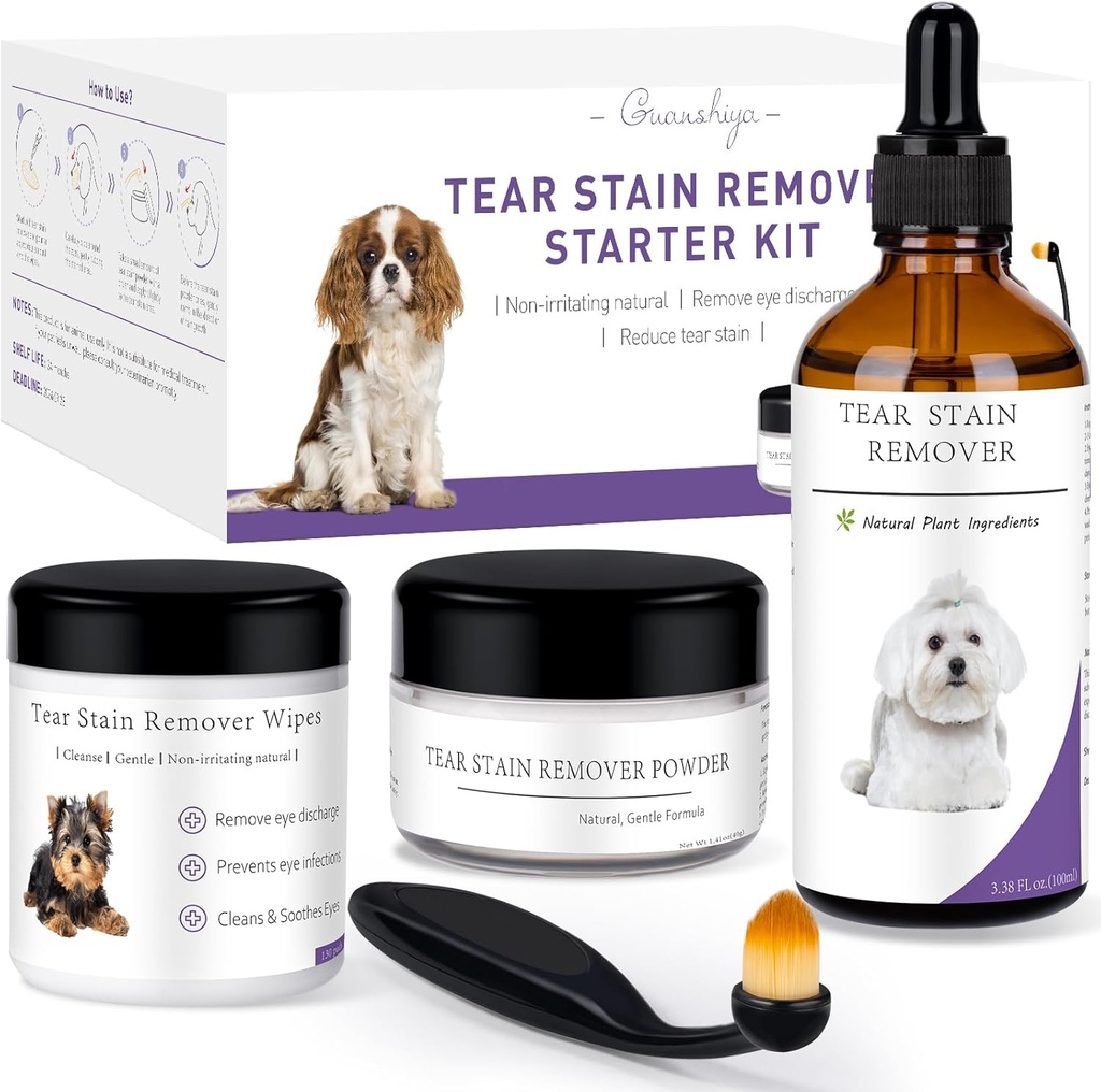 Dog Tear Stain Remover Starter Kit, mit Hexenhazel Extract, entfernen Tear Stains, Discharge & Mucus, beinhaltet Stain Solution, Applicator Wipes, Stain Powder & Brush, Lasts 30-45 Days