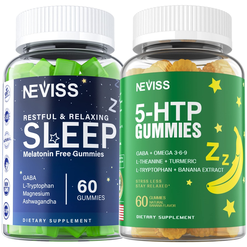 Gummies sans mélatonine d'aide au sommeil + 5-HTP Gummies pour adultes, avec GABA, L-Theanine, L-Tryptophane, Magnésium, Ashwagandha, Turmeric - Non-Habit Forming, Banana Extract Aide pour la relaxation profonde, Calme