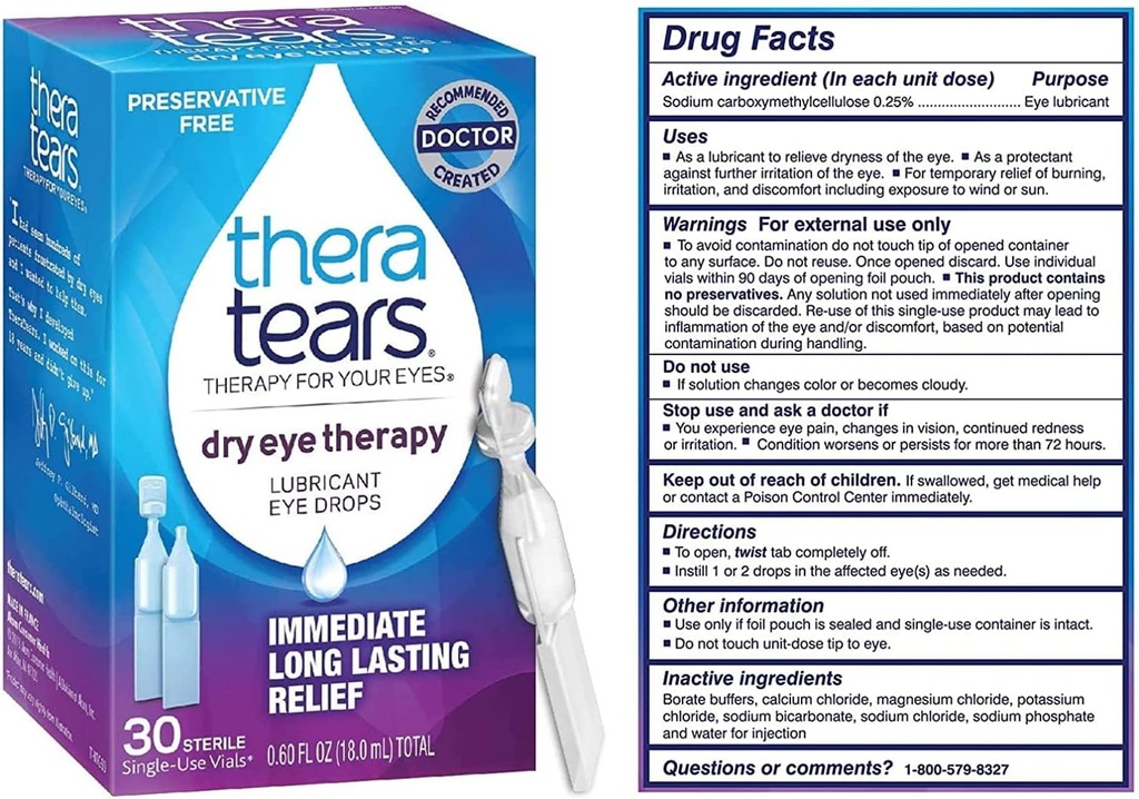 TheraTears Sec Eye Therapy Lubrifiant gouttes oculaires pour les yeux secs, Preservative Free gouttes oculaires, 30 Viales à usage unique (3 Pack)