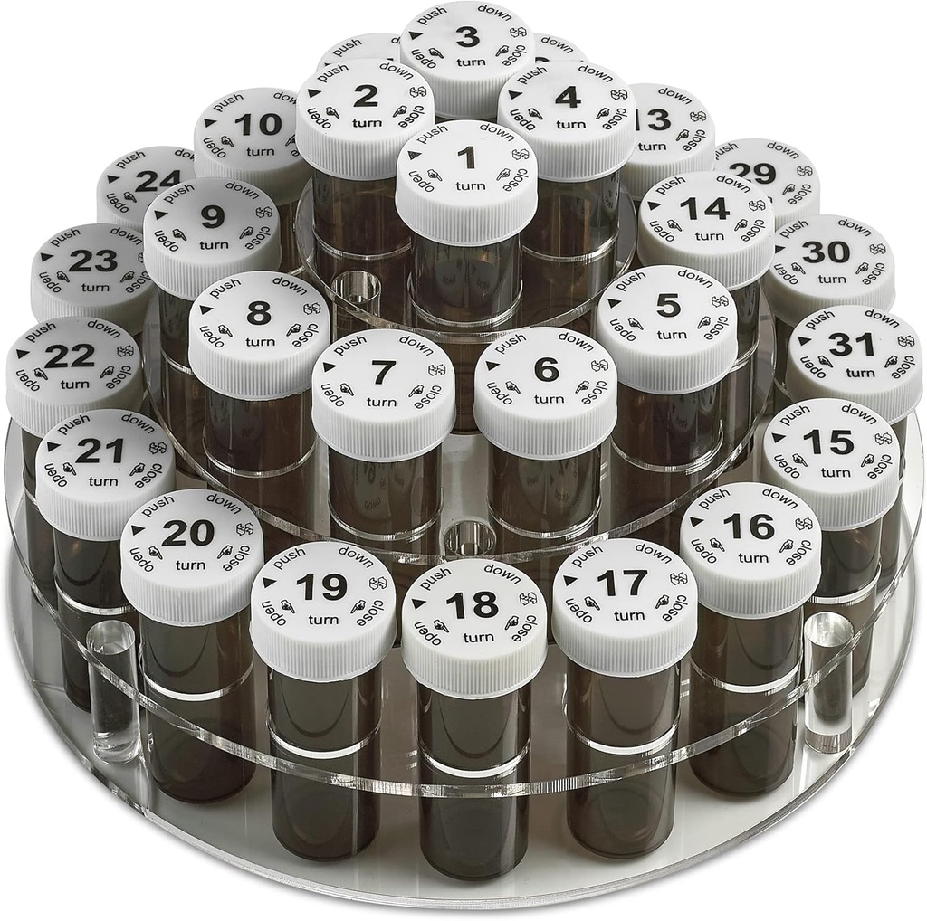 Organizzatore di bottiglie di pillole mensili Caddy - 31 Bottiglie di pillole numerate con coperchio per bambini per ogni giorno del mese- Rack chiaro e facile da usare per dose giornaliera di vitamine e integratori di farmaci