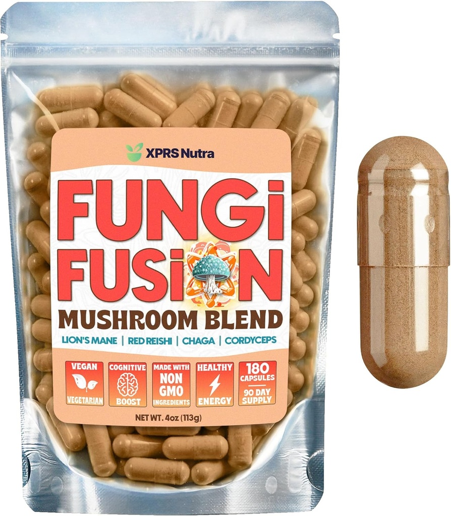 XPRS Nutra Fungi Fusion Mushroom Blend Capsule - 180 Count (90 Day Supply) Premium Blend of Lion's Mane, Reishi, Chaga, Cordyceps Capsules to Support Mental Clarity, Cognition, Energy and Immunity