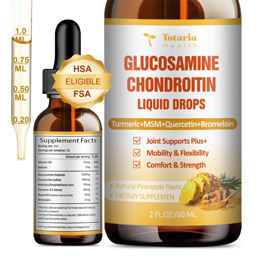 Glucosamine Chondroïtine MSM gouttes liquides FSA-HSA - Supplément de soutien conjoint pour la mobilité, la flexibilité et les os Chondroïtine Supplément de sulfate Turmère, Quercetin, Bromelain, MSM Oil 2 FL.OZ