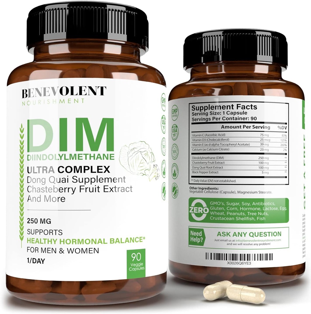 Bénévolent Nourriture Maximum Strength Supplément DIM 250mg – 90 Vcaps Diindolylméthane Ultra Complexe Plus Chasteberry, Extrait Dong Quai + Plus