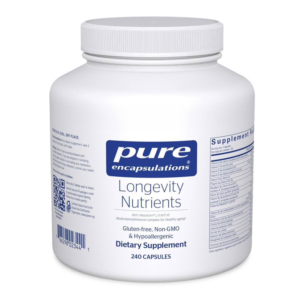 Pure Encapsulations Langlebigkeit Nährstoffe | Multivitamin/Mineral-Komplex zur Unterstützung gesunder Alterung, Gehirnfunktion, Augen, Knochen und Gefäßgesundheit* | 240 Kapseln