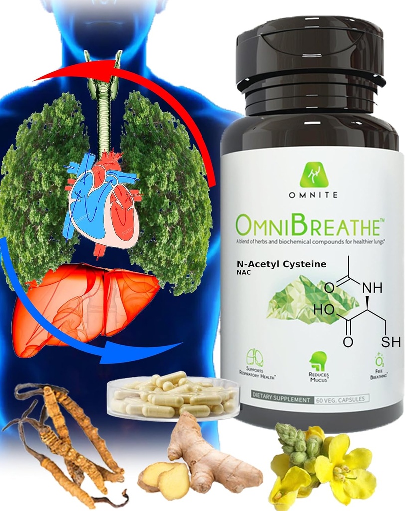 OMNIBREATHE - Fast Improving Breathing Problems by NAC 600MG Scientifically Formulated w. Quercetin/Mullein/Coq 10/Ginger/Stinging Nettle/Bromelain,3 Times w. Meal (10-Day Supply to Boost)