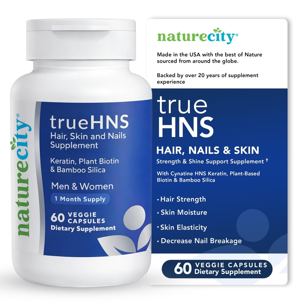 NatureCity True-HNS Hair Nails and Skin Cynatine Keratin and Plant Based Biotin Vitamin Supplemento | Capelli e Unghie Pieno e Più Forte | Non OGM | 60 Capsule Veggie