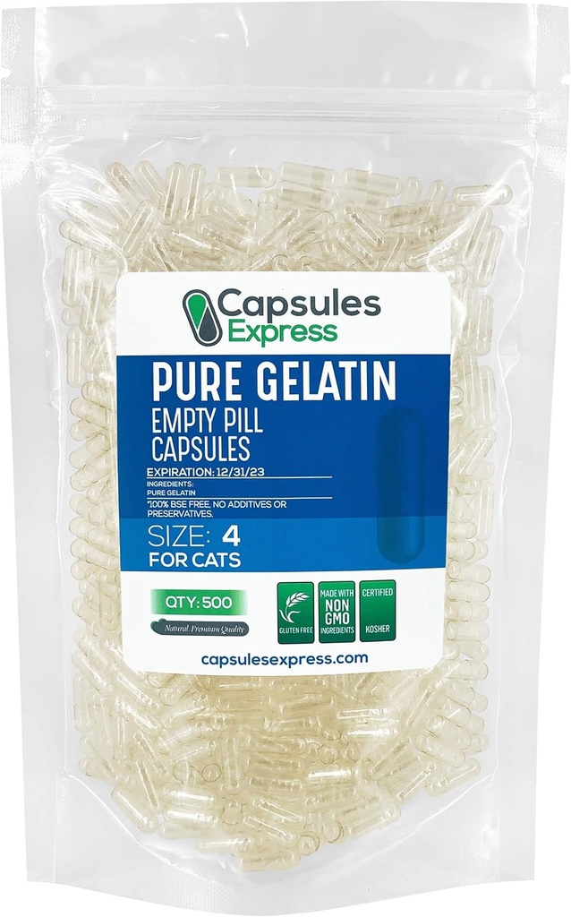 XPRS Nutra Size 4 Capsules vides pour chats - Capsules de gélatine vides - Pills pour remplissage de gélules de bricolage - Capsules de gel de pilules pures (500 Nombre)