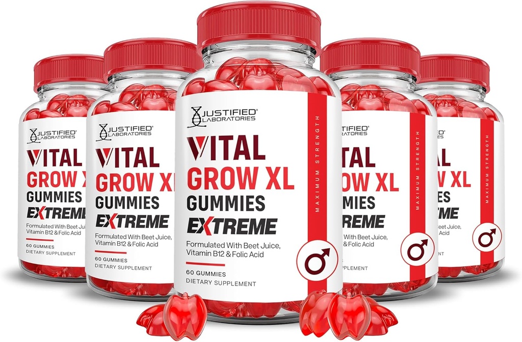 Laboratori giustificati (5 Pack) Vital Grow XL Extreme 2000MG Performance Gummies Formula avanzata formulata con ACV Pomegranate Beet Juice Powder B12 Vegan Non OGM 300 Gummys