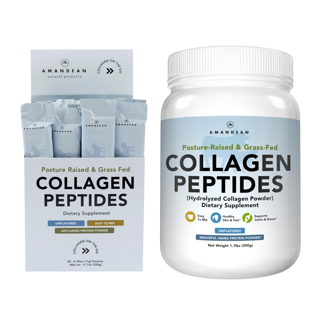 AMANDEAN Collagen Peptidi Bundle. 1kg & Stick Packs. Grass-Fed, enzimaticamente idrolizzato, Tipo 1 & 3. Proteine con 18 amminoacidi per pelle sana, capelli, unghie. Facile da miscelare, non aromatizzato, Non OGM