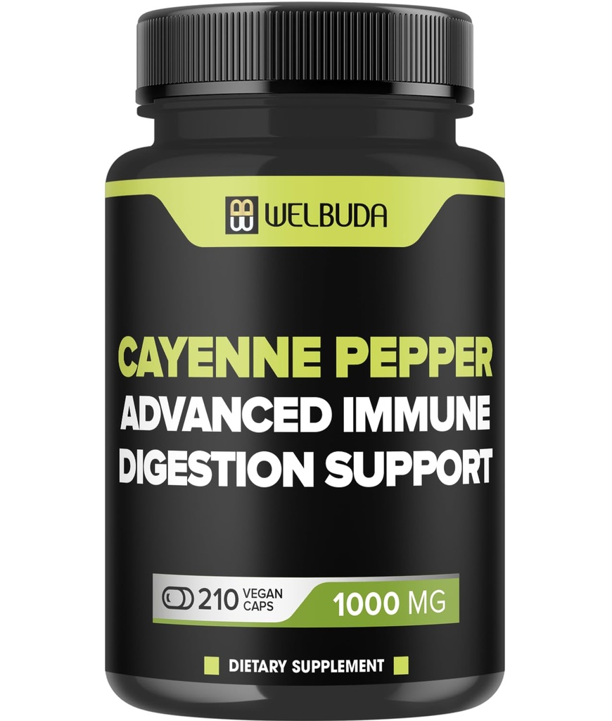 210 Capsules - Cayenne Pepper Suppléments Extrait 10:1 avec Berberine HCI, Bulbe d'ail, Feuille d'olive et plus - Formule combinée pour la santé digestive, la santé cardiaque et l'immunité