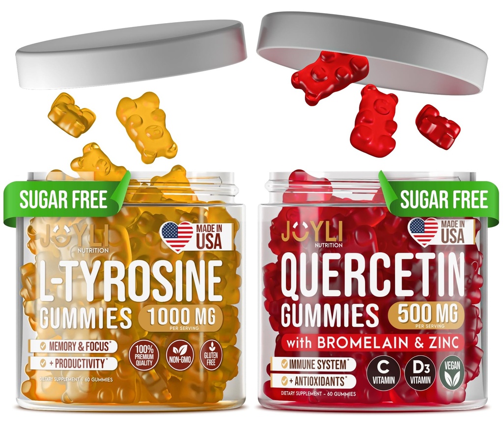 Gommies de L-Tyrosine + Gommies de Quercetin - Supplément de L Tyrosine, Quercetin avec vitamine C - Gommies de Focus et Gommies de Support Immune - 60 L-Tyrosine pour Gommies pour Enfants, 60 Quercetin avec Gommies de Zinc