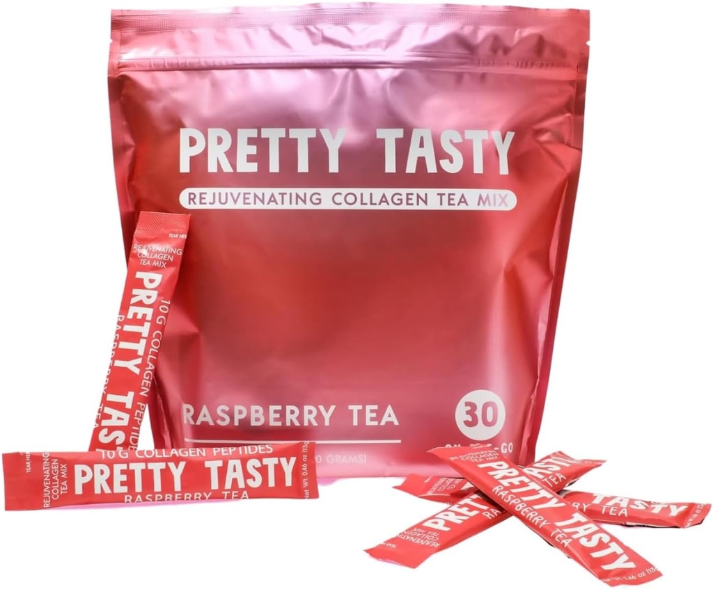 Pretty Tasty Raspberry Radiance Collagen Tea - Stick Pack Pouch, Sun-Kissed Raspberry Blend, Bellezza e benessere, 10g Collagen Peptides Mix, 30 Conte