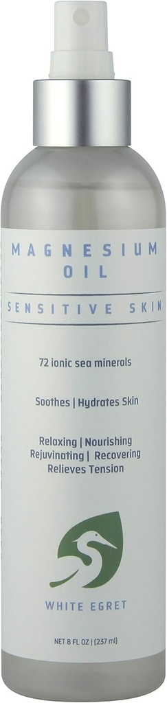 White Egret | Magnesium Oil Spray Sensitive Skin con 72 Minerali di Mare ionici | Soothing, Nourishing, ringiovanimento e Recovering Properties | 8 Fl Oz