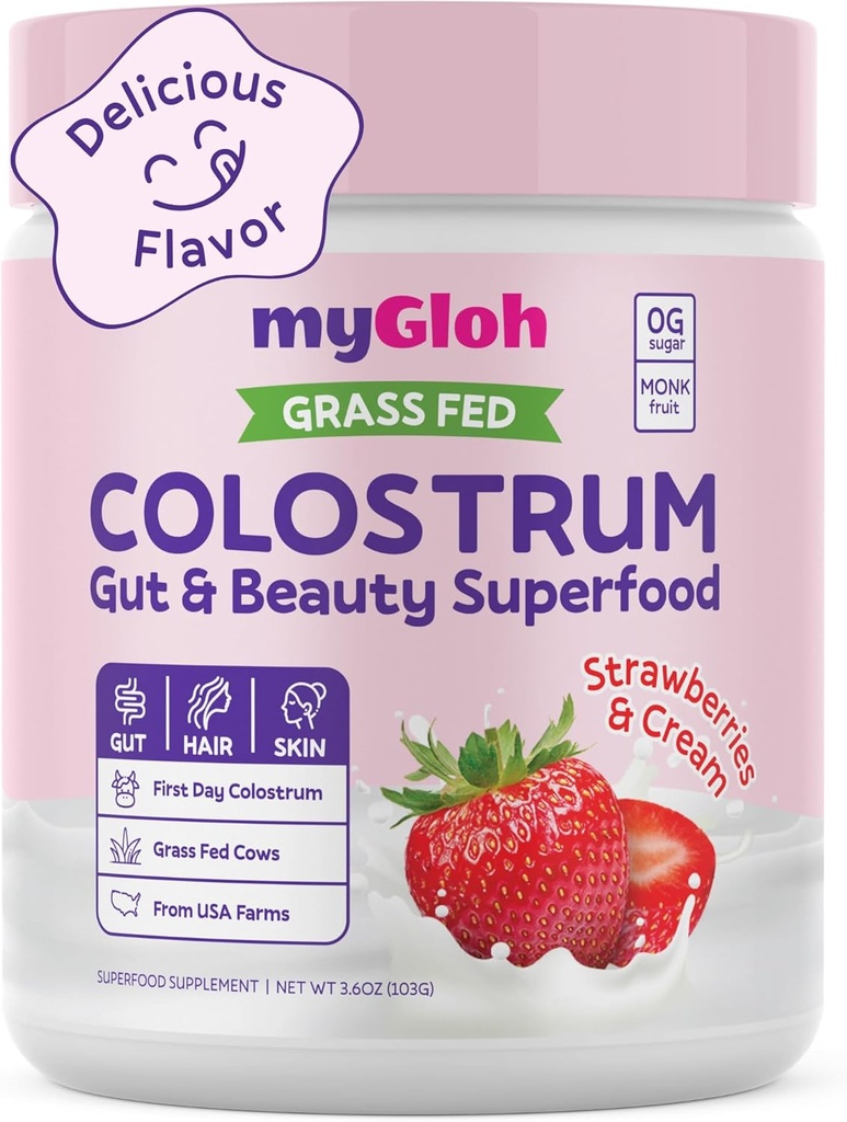Polvere di Colostrum Premium | Salute e Bloating Gut, Crescita dei capelli & Skin Glow, Immunity | Strawberries Natural Flavor & Cream | Grass-Fed Bovine Colostrum Supplement | High IgG, Gluten Free, Bioactives