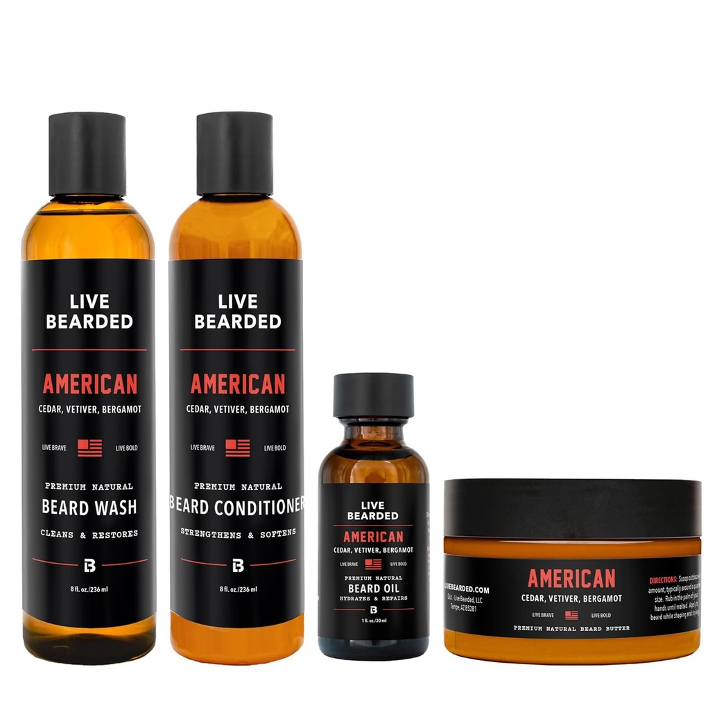 Live Bearded Complete Beard Grooming Kit - Wash, Conditioner, Butter und Öl - Made in the USA with All-Natural Ingredients - Mens Groom Set | American Scent - Zedern, Vetiver, Bergamotte