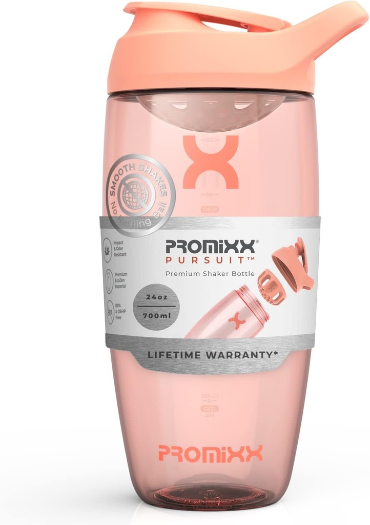 Promix Pursuit Protein Shaker Bottiglia (24 oz) – Silent No-Ball Mixer, Leak-Proof Lid, BPA/BPS & Phthalate-Free ECOZEN – Easy-Clean Shaker Cup for Protein Shakes, Pre & Post-Workout Smoothies