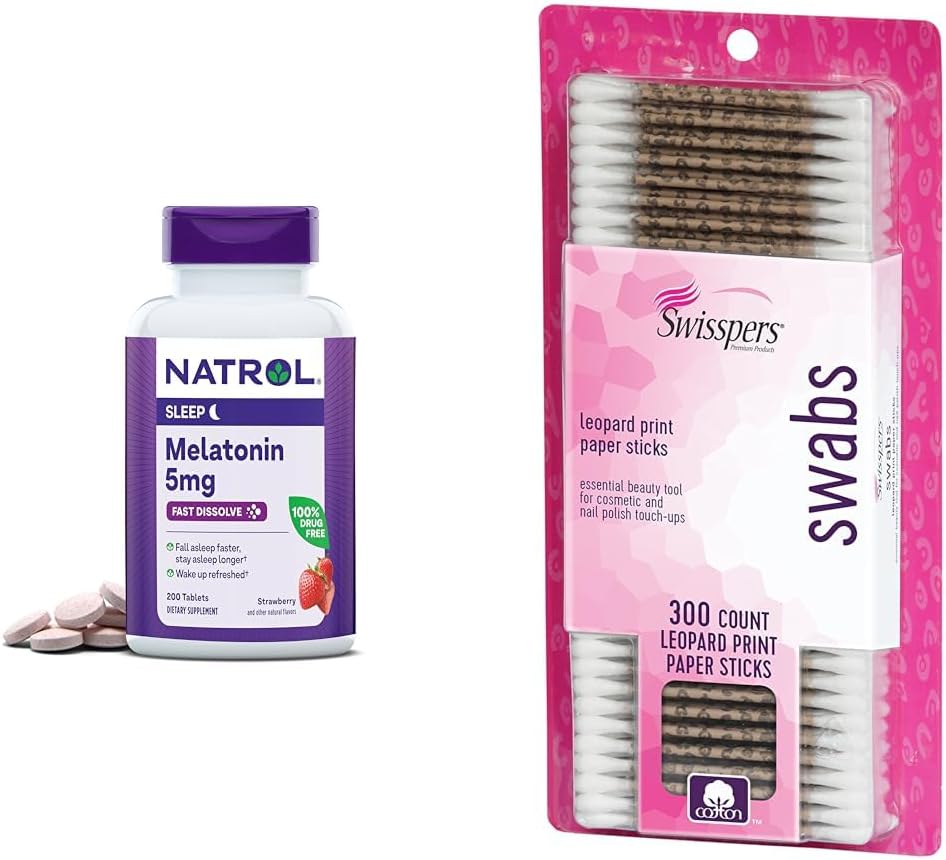 Natrol Melatonin 5mg Fast-Dissolve 200 Tabletten & Schweizer Baumwolle Swabs 300 Count