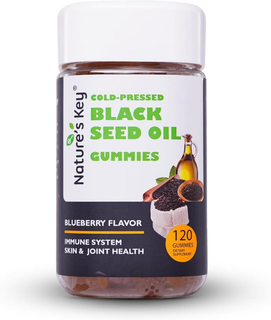 Nature's Key Black Seed Oil Gummi,Support Immunität, Gelenke, Verdauung, Haar & Haut | Kalt-Pressed, mit 200mg Nigella Sativa Seed Oil, Vitamin C, Ginger, Granatapfel (Blueberry Flavor 120 Count)