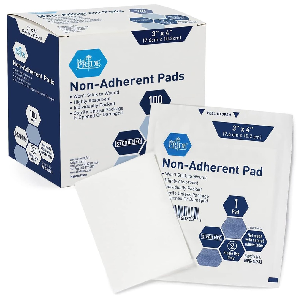 MED PRIDE Sterile Non-Stick-Pads für Wund Care und Wunden, hochabsorbierend, schmerzlose Entfernung, einzeln verpackt (3x4 Zoll (Pack von 100))