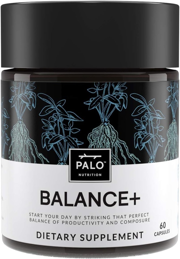 PALO Balance+ Mood-Unterstützung Ergänzung mit Adaptogenen | Hilft Beruhigen Sie den Geist & Körper, Relief Stress Energie Ergänzungen | 100% pflanzenbasierte | Ashwagandha, Astragalus, Rhodiola, Grüner Tee, 60 Kapseln
