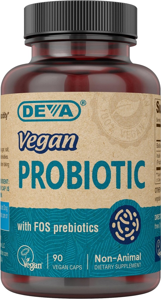 DEVA Vegan Probiotics con FOS Prebiotics Supplement - 2 miliardi di CFU con 100 MG di Prebiotici Per Servere per Uomini & Donne - Glutine Non-Dairy Gratuito - Naturale Mensola Stabile - 90 Capsule