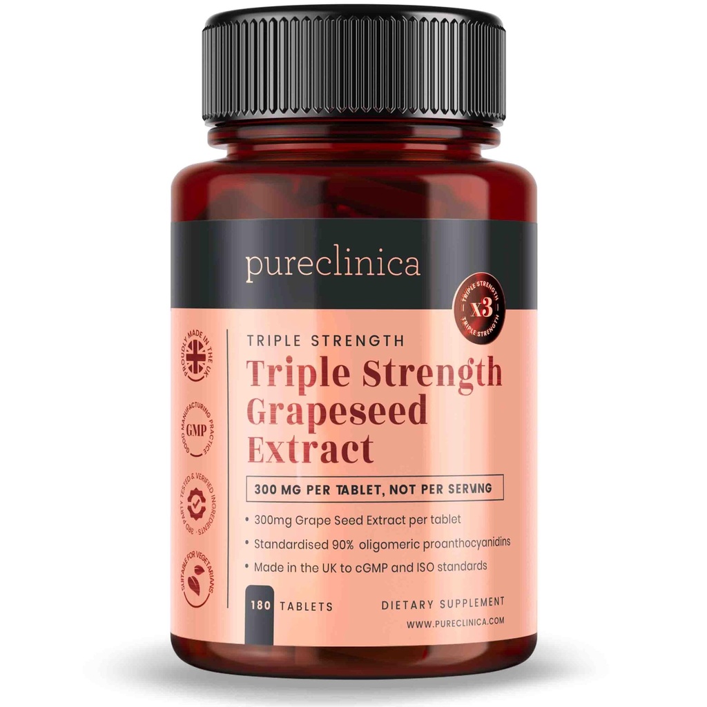 purclinica Graines de raisin Extrait 300mg x 180 Comprimés - 90% Oligomériques Proanthocyanidines. 300 % plus forte que les graines de raisins ordinaires.