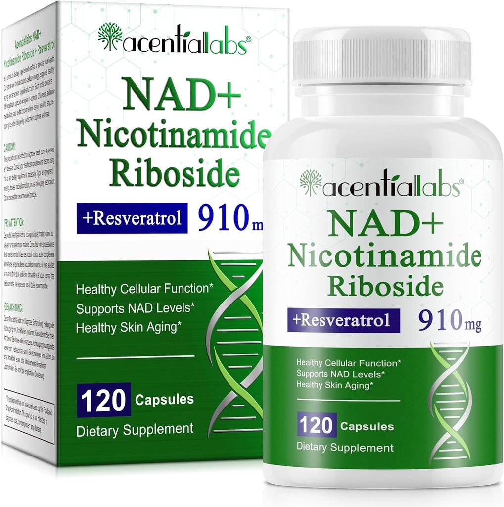 Supplément NAD, NAD Nicotinamide Riboside Resvératrol 910mg, Supplément NAD haute pureté pour une fonction cellulaire saine, soutient les niveaux NAD Vieillissement de la peau saine Supplément alimentaire 120 Capsules