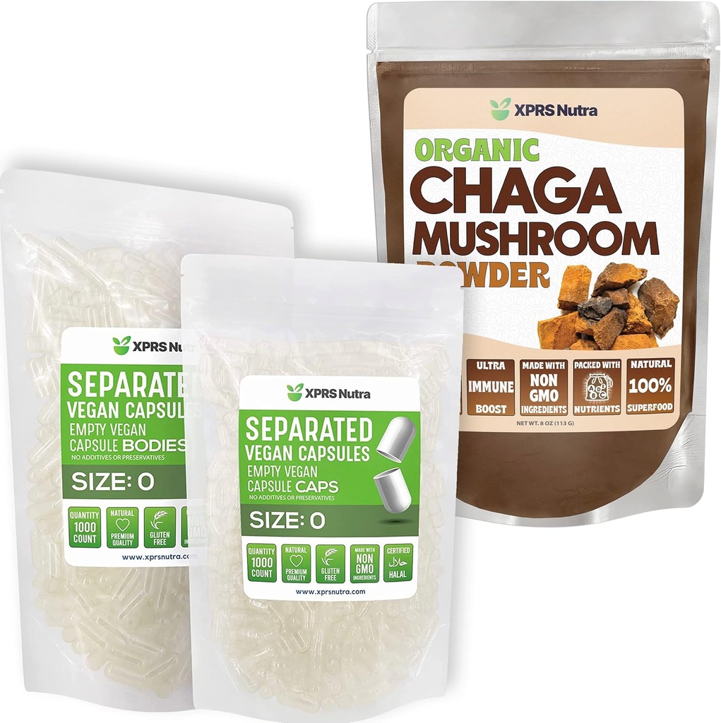 XPRS Nutra Getrennte Größe 0 Kapseln (1000 Zähler) mit Chaga Powder (8 Unze) Bundle