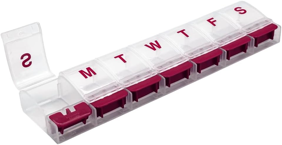EZY DOSE Settimanale (7-giorno) AM/PM Organizzatore di pillole di spinta giornaliera, Cassa di vitamina e contenitore di medicina, X-Large scomparti, Artrite amichevole, Comodo e facile da usare, Libero/rosso, BPA