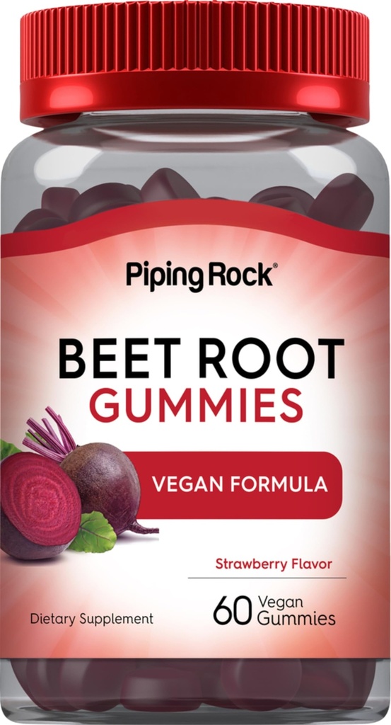 Piping Rock Beet Root Gummies | 60 Count | für Männer und Frauen | Nitric Oxid Supplement | mit Vitamin C und Black Pepper | Erdbeer Flavor | Vegan, Non-GMO, Glutenfrei