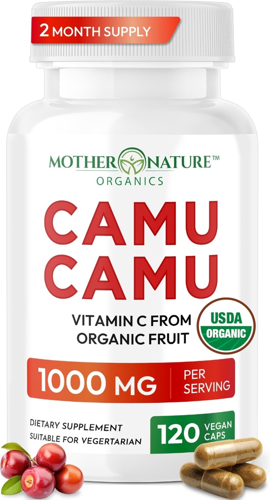 Bio-Vitamin C von Camu Camu Kapseln 1000mg, verpackt mit natürlichen VIT C, Roh-Antioxidantien - Immun-Unterstützungs-Ergänzung und Anti-Aging für Haut - Powder Organic, Vegan, Non-GMO (120 Count)