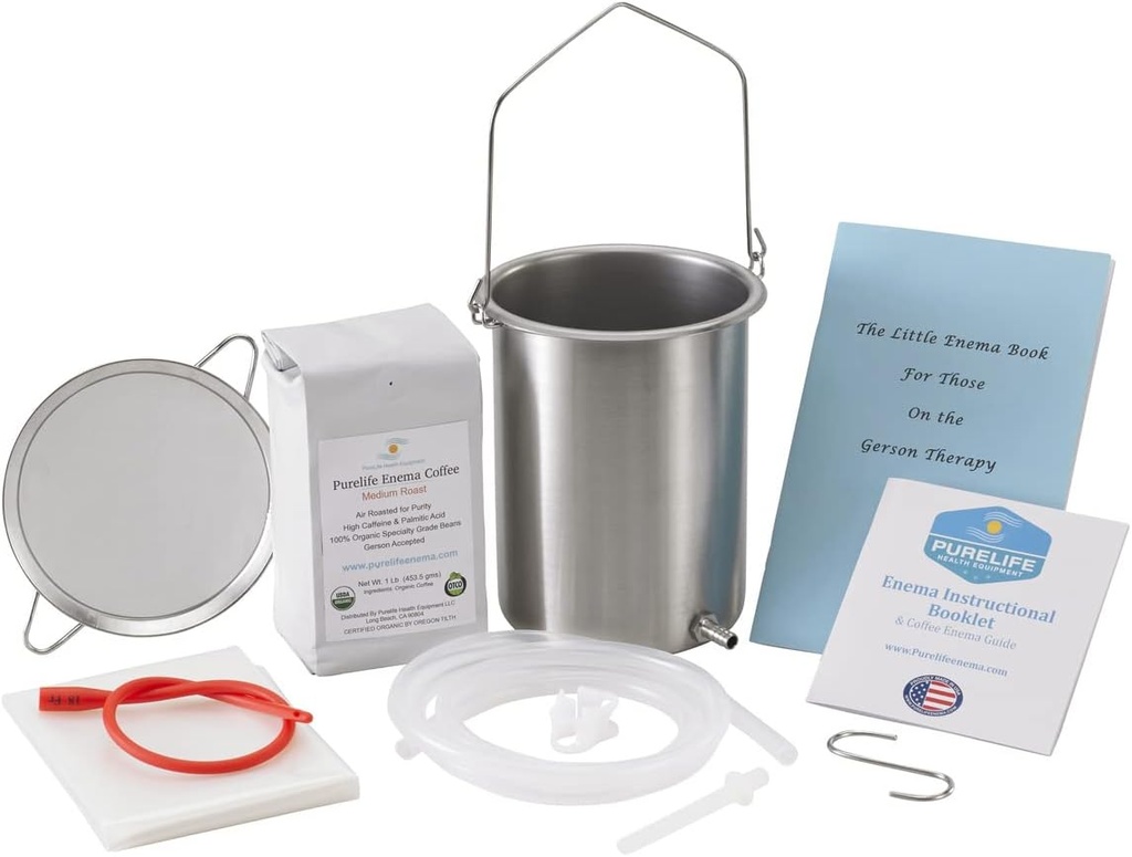 PureLife Coffee Laema Kit- Fabriqué aux États-Unis - Kit Tout ce dont vous avez besoin - 2 Qt USA Lavement en acier inoxydable Lavement Bucket - Lab Testé Bio Lavement Café - Moule, Fongus, Mycotoxine Gratuit - 1 livre - Café Strainer